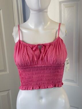 WAYF Bubblegum Pink Smocked Spaghetti Strap Crop Cami With Tie Front Detail XS